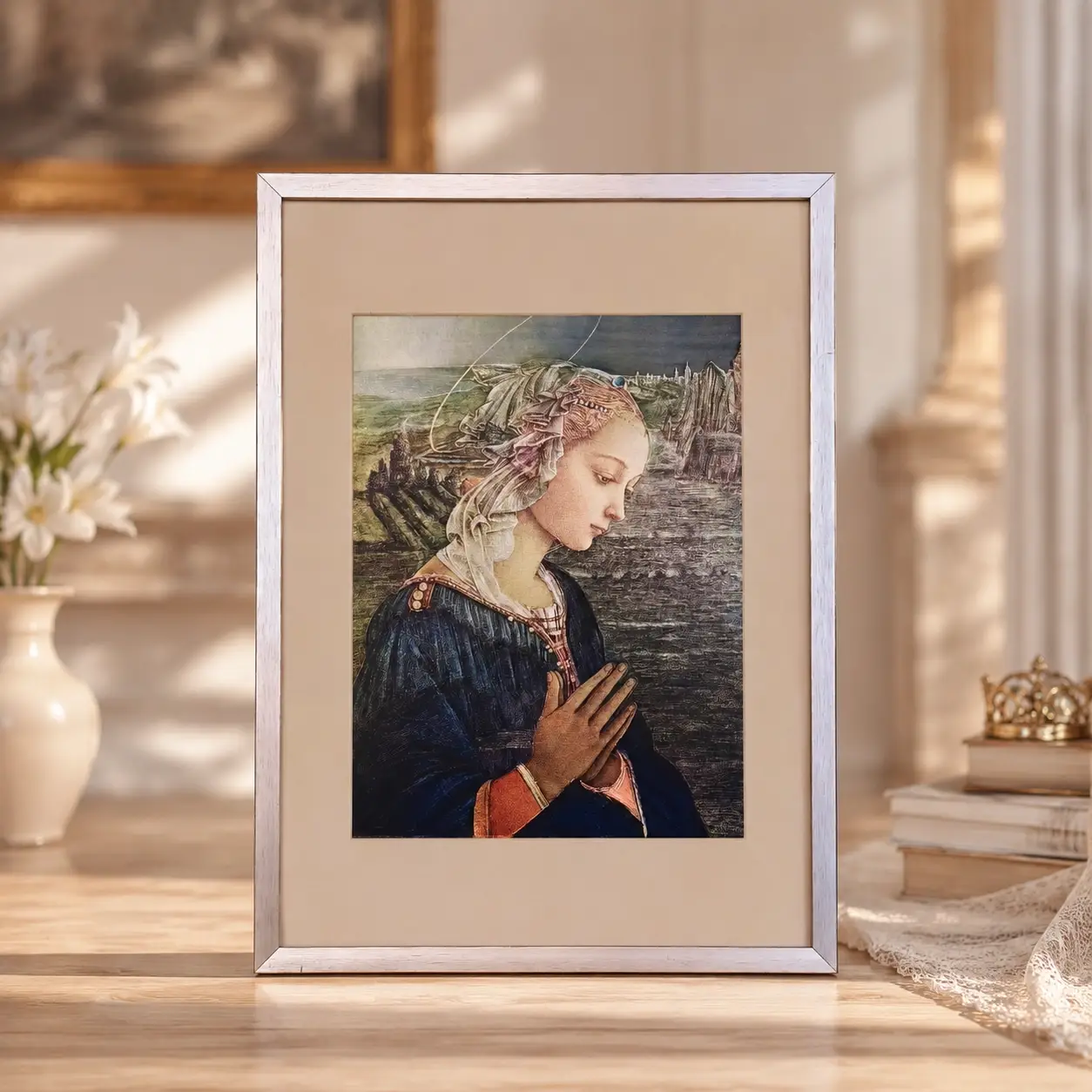 Renaissance Profile Praying Virgin Mary Vintage Print religious foil picture by DUFEX PRINTS